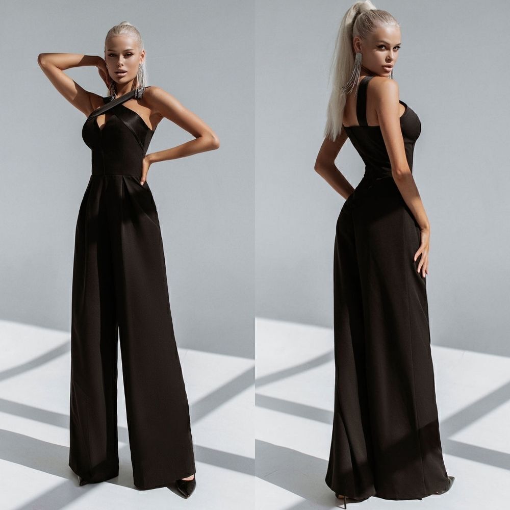 NWT Elagia Formal Black Cross Neck Satin Sleeveless Wide Leg Jumpsuit Romper L